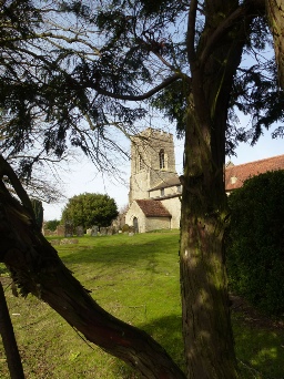 A view of the tower of Stoke Goldington Church. 
